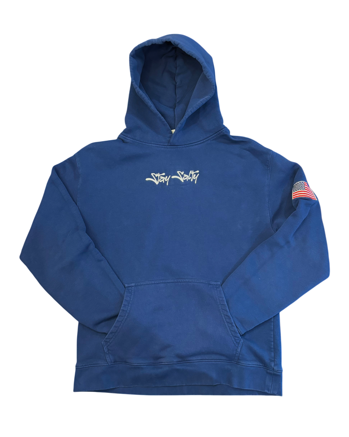 Blue hoodie with a logo on a white background