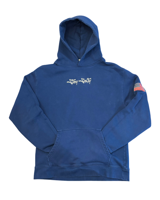Blue hoodie with a logo on a white background